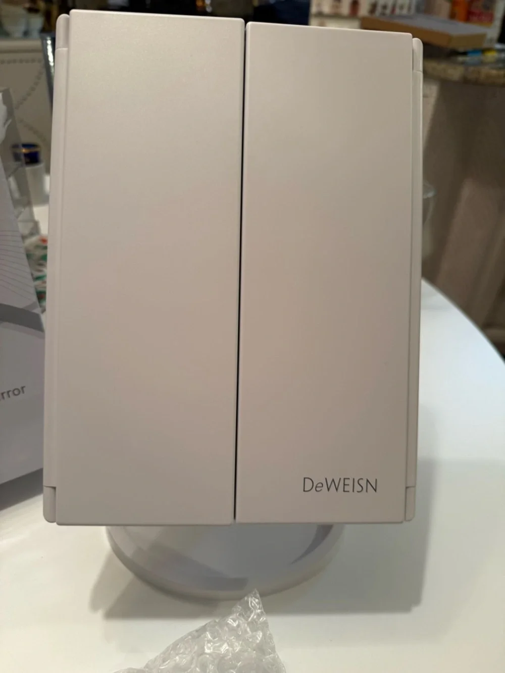 DeWeisn Tabletop Tri-Fold Lighted Vanity Mirror and 3X/2X/1X Magnification